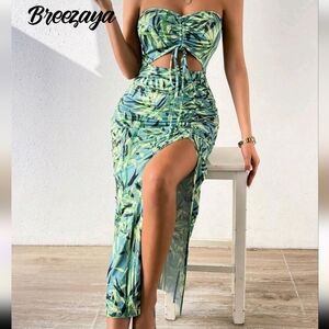 Breezaya Tropical Print Drawstring Split Thigh Backless Halter Dress Maxi
